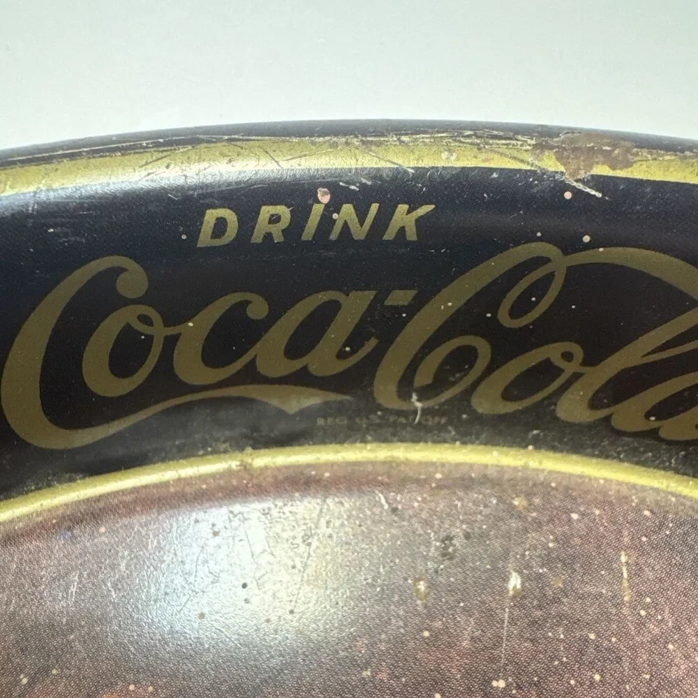 1983 oval Coca-Cola metal serving tray LADY IN BLUE DRESS reproduction 15x 12